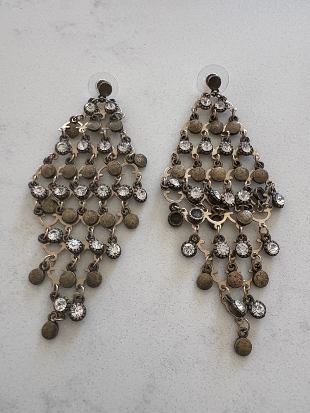 Source Unknown Antique Brass tone Chandelier Earrings with Clear Stones